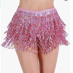 XS - S Pink Women's Sequins Tassel Shorts Sparkly Skirts Bottoms